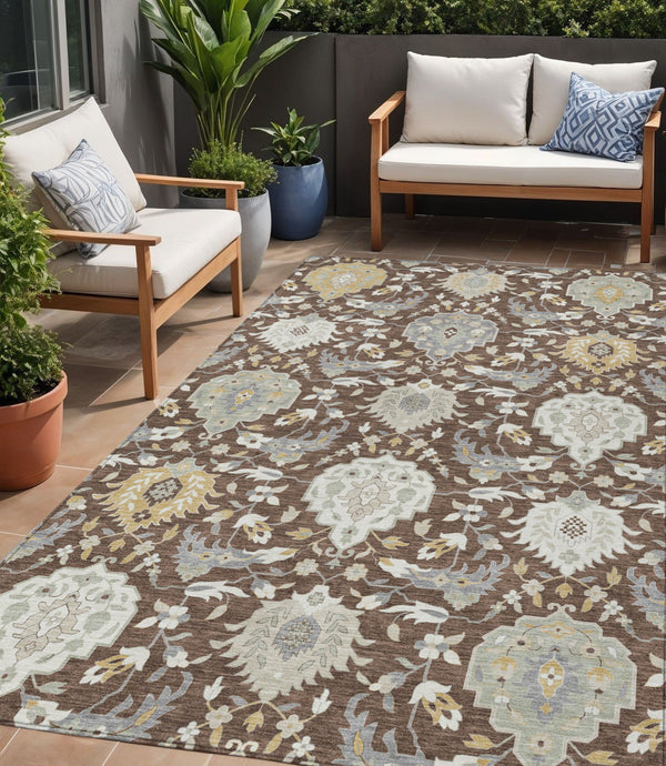 Homeroots 3' Artichoke Green Brown Ivory Damask Washable Area Rug For Indoor Outdoor Spaces, Durable Design 5' X 8' Polyester 599401