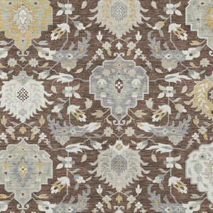 Homeroots 3' Artichoke Green Brown Ivory Damask Washable Area Rug For Indoor Outdoor Spaces, Durable Design 5' X 8' Polyester 599401