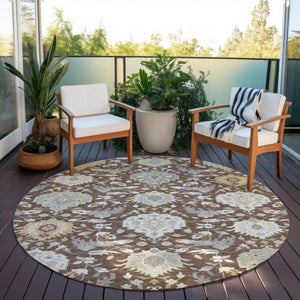 Homeroots 3' Artichoke Green Brown Ivory Damask Washable Area Rug For Indoor Outdoor Spaces, Durable Design 8' Round Polyester 599402