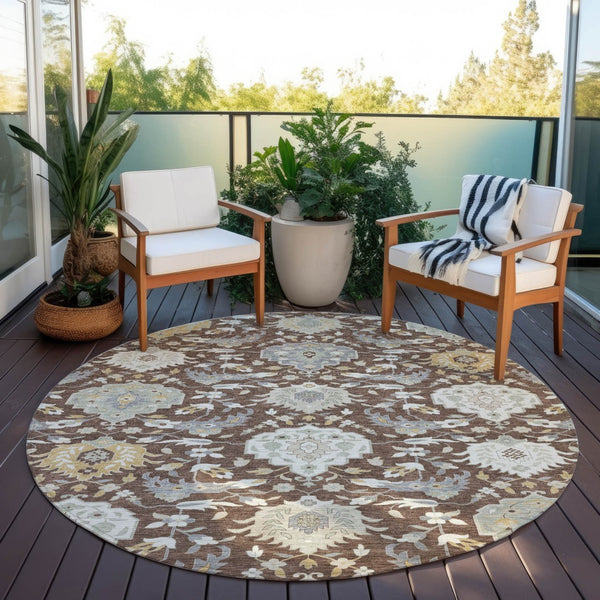 Homeroots 3' Artichoke Green Brown Ivory Damask Washable Area Rug For Indoor Outdoor Spaces, Durable Design 8' Round Polyester 599402