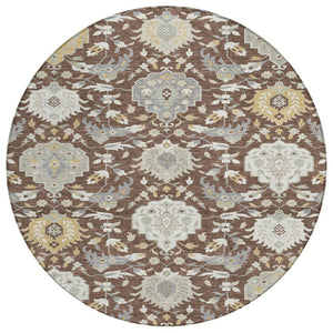 HomeRoots 5' Elevate Your Space with a Stylish Brown Gray Ivory Damask Washable Area Rug for Indoor Outdoor Use 8' Round 599402