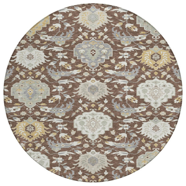 HomeRoots 5' Elevate Your Space with a Stylish Brown Gray Ivory Damask Washable Area Rug for Indoor Outdoor Use 8' Round 599402