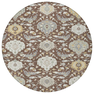 Homeroots 3' Artichoke Green Brown Ivory Damask Washable Area Rug For Indoor Outdoor Spaces, Durable Design 8' Round Polyester 599402