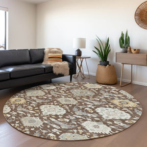 Homeroots 3' Artichoke Green Brown Ivory Damask Washable Area Rug For Indoor Outdoor Spaces, Durable Design 8' Round Polyester 599402