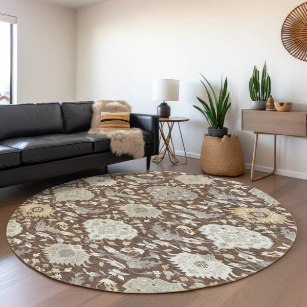 Homeroots 3' Artichoke Green Brown Ivory Damask Washable Area Rug For Indoor Outdoor Spaces, Durable Design 8' Round Polyester 599402