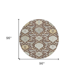 Homeroots 3' Artichoke Green Brown Ivory Damask Washable Area Rug For Indoor Outdoor Spaces, Durable Design 8' Round Polyester 599402