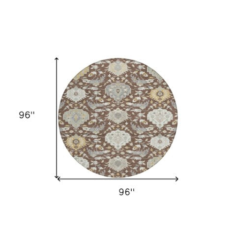 Homeroots 3' Artichoke Green Brown Ivory Damask Washable Area Rug For Indoor Outdoor Spaces, Durable Design 8' Round Polyester 599402