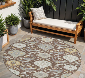 Homeroots 3' Artichoke Green Brown Ivory Damask Washable Area Rug For Indoor Outdoor Spaces, Durable Design 8' Round Polyester 599402