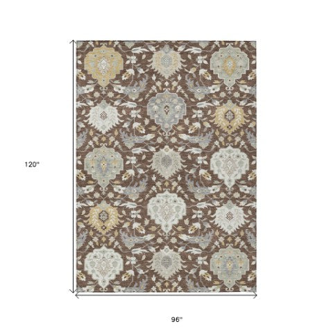 Homeroots 3' Artichoke Green Brown Ivory Damask Washable Area Rug For Indoor Outdoor Spaces, Durable Design 8' X 10' Polyester 599403