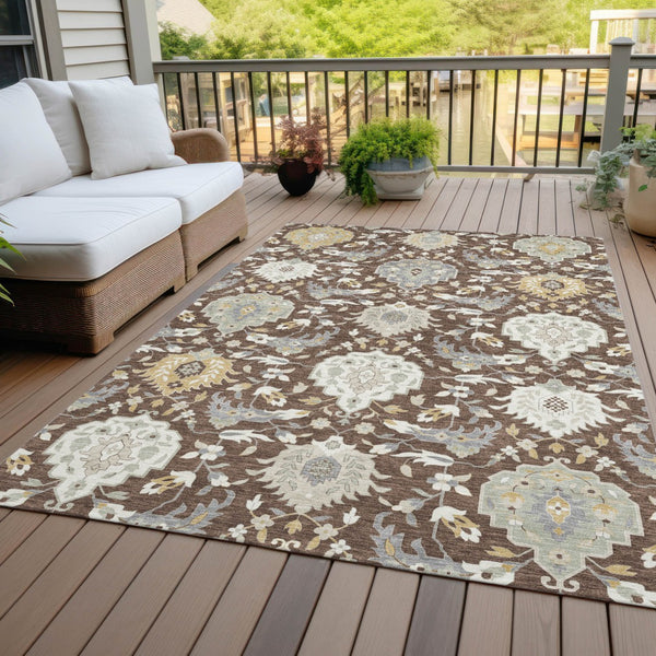 Homeroots 3' Artichoke Green Brown Ivory Damask Washable Area Rug For Indoor Outdoor Spaces, Durable Design 8' X 10' Polyester 599403