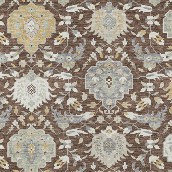 Homeroots 3' Artichoke Green Brown Ivory Damask Washable Area Rug For Indoor Outdoor Spaces, Durable Design 8' X 10' Polyester 599403