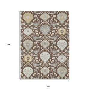 Homeroots 3' Artichoke Green Brown Ivory Damask Washable Area Rug For Indoor Outdoor Spaces, Durable Design 9' X 12' Polyester 599404