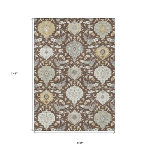 Homeroots 3' Artichoke Green Brown Ivory Damask Washable Area Rug For Indoor Outdoor Spaces, Durable Design 9' X 12' Polyester 599404
