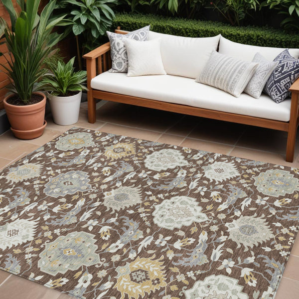 Homeroots 3' Artichoke Green Brown Ivory Damask Washable Area Rug For Indoor Outdoor Spaces, Durable Design 9' X 12' Polyester 599404