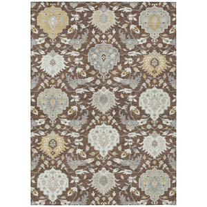 HomeRoots 9' Timeless Brown Gray Ivory Damask Area Rug - Washable Indoor/Outdoor, Stain-Resistant & Durable! 599404