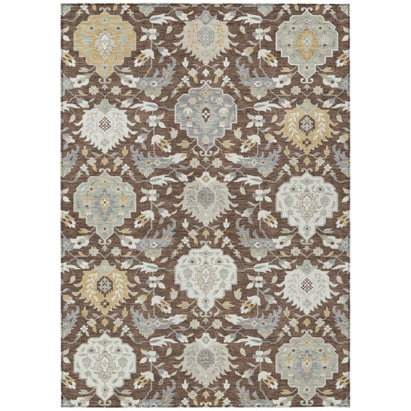 HomeRoots 9' Timeless Brown Gray Ivory Damask Area Rug - Washable Indoor/Outdoor, Stain-Resistant & Durable! 599404
