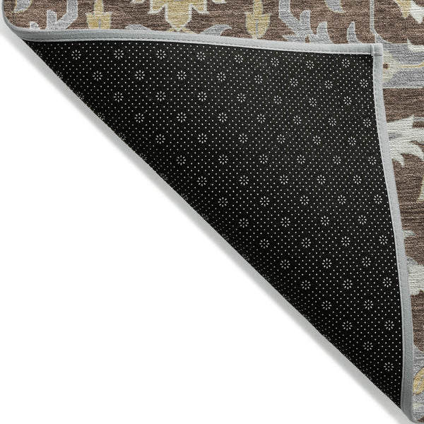 Homeroots 3' Artichoke Green Brown Ivory Damask Washable Area Rug For Indoor Outdoor Spaces, Durable Design 9' X 12' Polyester 599404