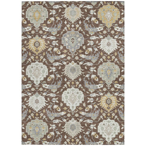 Homeroots 3' Artichoke Green Brown Ivory Damask Washable Area Rug For Indoor Outdoor Spaces, Durable Design 9' X 12' Polyester 599404