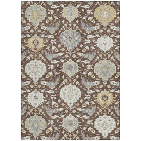 Homeroots 3' Artichoke Green Brown Ivory Damask Washable Area Rug For Indoor Outdoor Spaces, Durable Design 9' X 12' Polyester 599404