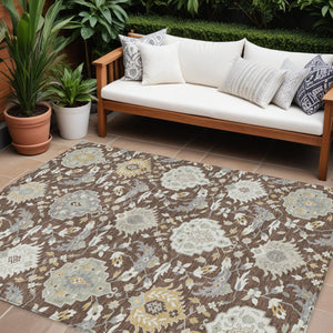 Homeroots 3' Artichoke Green Brown Ivory Damask Washable Area Rug For Indoor Outdoor Spaces, Durable Design 10' X 14' Polyester 599405