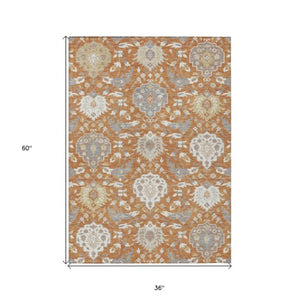 Homeroots 3' Artichoke Green Brown Ivory Damask Washable Area Rug For Indoor Outdoor Spaces, Durable Design 3' X 5' Polyester 599406