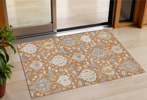 Homeroots 3' Artichoke Green Brown Ivory Damask Washable Area Rug For Indoor Outdoor Spaces, Durable Design 3' X 5' Polyester 599406