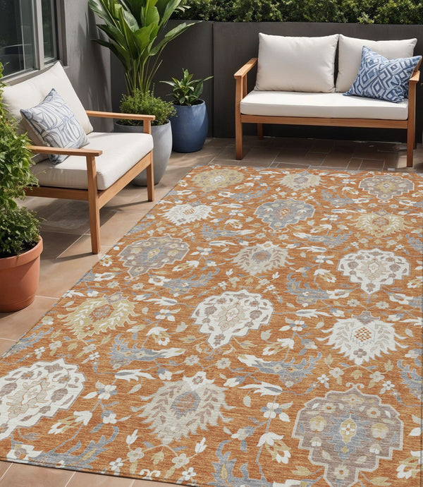 Homeroots 3' Artichoke Green Brown Ivory Damask Washable Area Rug For Indoor Outdoor Spaces, Durable Design 5' X 8' Polyester 599407
