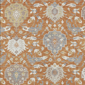 Homeroots 3' Artichoke Green Brown Ivory Damask Washable Area Rug For Indoor Outdoor Spaces, Durable Design 5' X 8' Polyester 599407