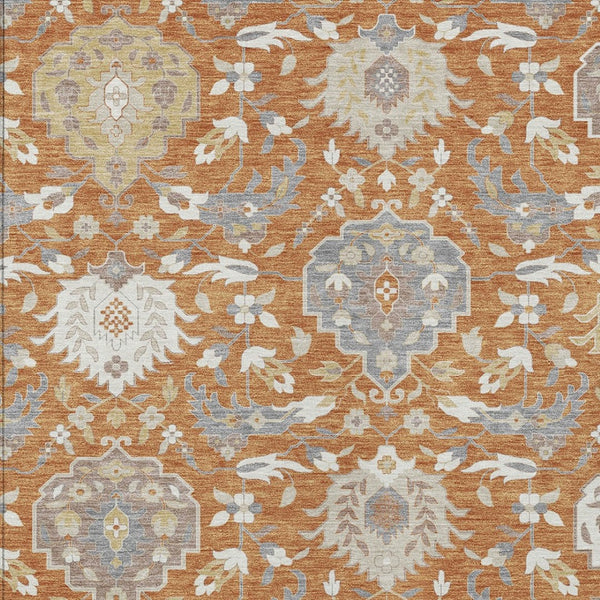 Homeroots 3' Artichoke Green Brown Ivory Damask Washable Area Rug For Indoor Outdoor Spaces, Durable Design 5' X 8' Polyester 599407