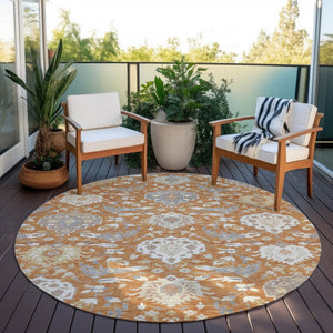 Homeroots 3' Artichoke Green Brown Ivory Damask Washable Area Rug For Indoor Outdoor Spaces, Durable Design 8' Round Polyester 599408