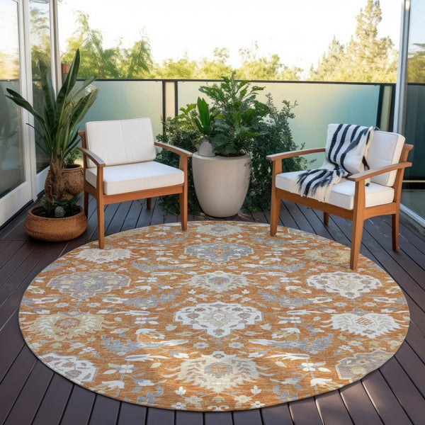 Homeroots 3' Artichoke Green Brown Ivory Damask Washable Area Rug For Indoor Outdoor Spaces, Durable Design 8' Round Polyester 599408