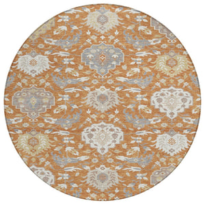 HomeRoots 5' Copper Ivory Gray Damask Washable Area Rug - Elegant, Durable Design for Indoor & Outdoor Use 8' Round 599408
