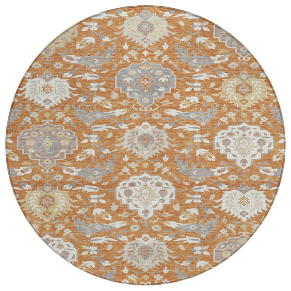 HomeRoots 5' Copper Ivory Gray Damask Washable Area Rug - Elegant, Durable Design for Indoor & Outdoor Use 8' Round 599408