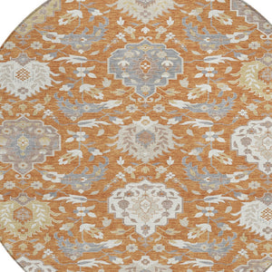 Homeroots 3' Artichoke Green Brown Ivory Damask Washable Area Rug For Indoor Outdoor Spaces, Durable Design 8' Round Polyester 599408