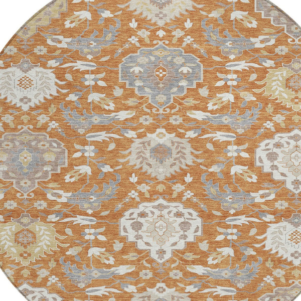 Homeroots 3' Artichoke Green Brown Ivory Damask Washable Area Rug For Indoor Outdoor Spaces, Durable Design 8' Round Polyester 599408