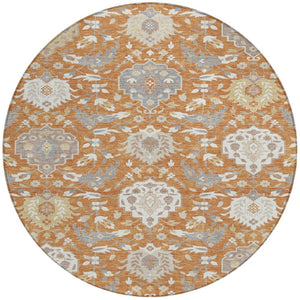 Homeroots 3' Artichoke Green Brown Ivory Damask Washable Area Rug For Indoor Outdoor Spaces, Durable Design 8' Round Polyester 599408