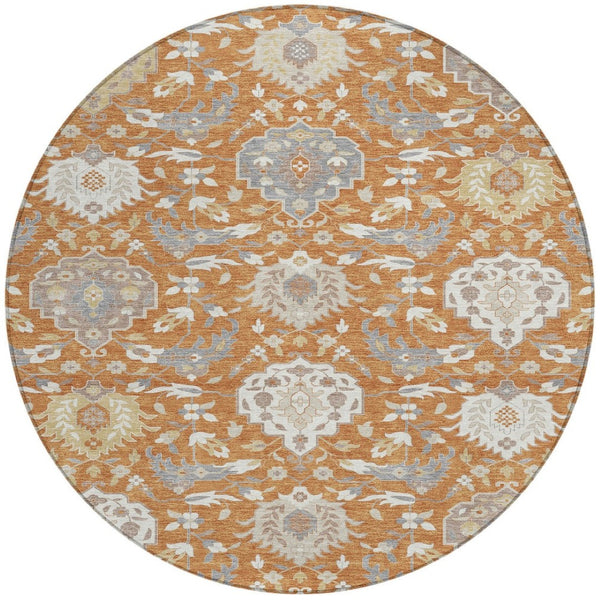 Homeroots 3' Artichoke Green Brown Ivory Damask Washable Area Rug For Indoor Outdoor Spaces, Durable Design 8' Round Polyester 599408