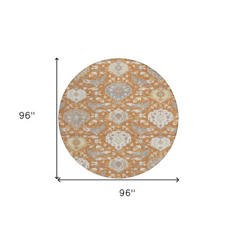 Homeroots 3' Artichoke Green Brown Ivory Damask Washable Area Rug For Indoor Outdoor Spaces, Durable Design 8' Round Polyester 599408