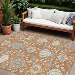 Homeroots 3' Artichoke Green Brown Ivory Damask Washable Area Rug For Indoor Outdoor Spaces, Durable Design 8' X 10' Polyester 599409
