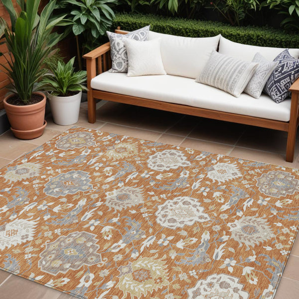 Homeroots 3' Artichoke Green Brown Ivory Damask Washable Area Rug For Indoor Outdoor Spaces, Durable Design 8' X 10' Polyester 599409