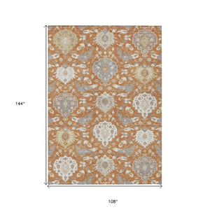 Homeroots 3' Artichoke Green Brown Ivory Damask Washable Area Rug For Indoor Outdoor Spaces, Durable Design 9' X 12' Polyester 599410