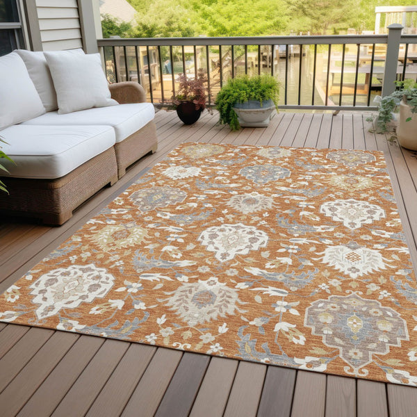 Homeroots 3' Artichoke Green Brown Ivory Damask Washable Area Rug For Indoor Outdoor Spaces, Durable Design 9' X 12' Polyester 599410