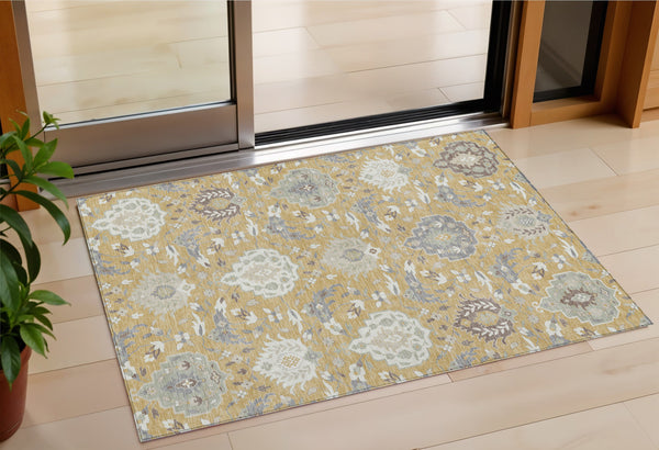 Homeroots 3' Artichoke Green Brown Ivory Damask Washable Area Rug For Indoor Outdoor Spaces, Durable Design 3' X 5' Polyester 599412