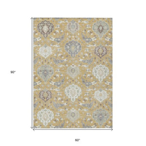 Homeroots 3' Artichoke Green Brown Ivory Damask Washable Area Rug For Indoor Outdoor Spaces, Durable Design 5' X 8' Polyester 599413