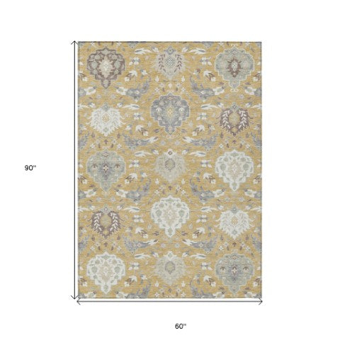 Homeroots 3' Artichoke Green Brown Ivory Damask Washable Area Rug For Indoor Outdoor Spaces, Durable Design 5' X 8' Polyester 599413