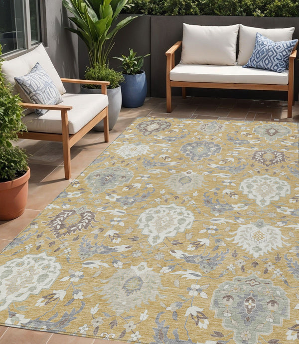 Homeroots 3' Artichoke Green Brown Ivory Damask Washable Area Rug For Indoor Outdoor Spaces, Durable Design 5' X 8' Polyester 599413