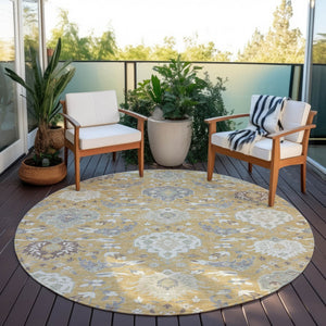 Homeroots 3' Artichoke Green Brown Ivory Damask Washable Area Rug For Indoor Outdoor Spaces, Durable Design 8' Round Polyester 599414