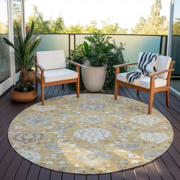 Homeroots 3' Artichoke Green Brown Ivory Damask Washable Area Rug For Indoor Outdoor Spaces, Durable Design 8' Round Polyester 599414