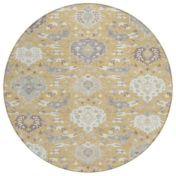 HomeRoots 5' Elegant Gold Ivory and Gray Damask Area Rug - Washable, Durable Design for Indoor and Outdoor Use 8' Round 599414
