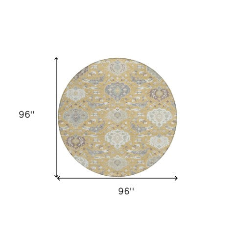 Homeroots 3' Artichoke Green Brown Ivory Damask Washable Area Rug For Indoor Outdoor Spaces, Durable Design 8' Round Polyester 599414